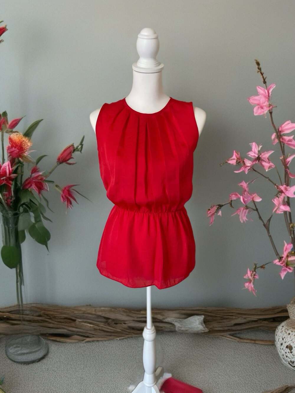 Violet & Claire Red Sleeveless Pleated Waist Blouse